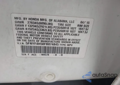 2015 Honda Pilot из США, поврежденный, VIN 5SNYF4H50SB074845